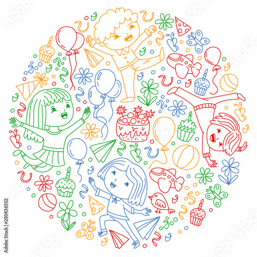 Vector illustration in cartoon style, active company of playful preschool kids jumping, at a party, birthday.