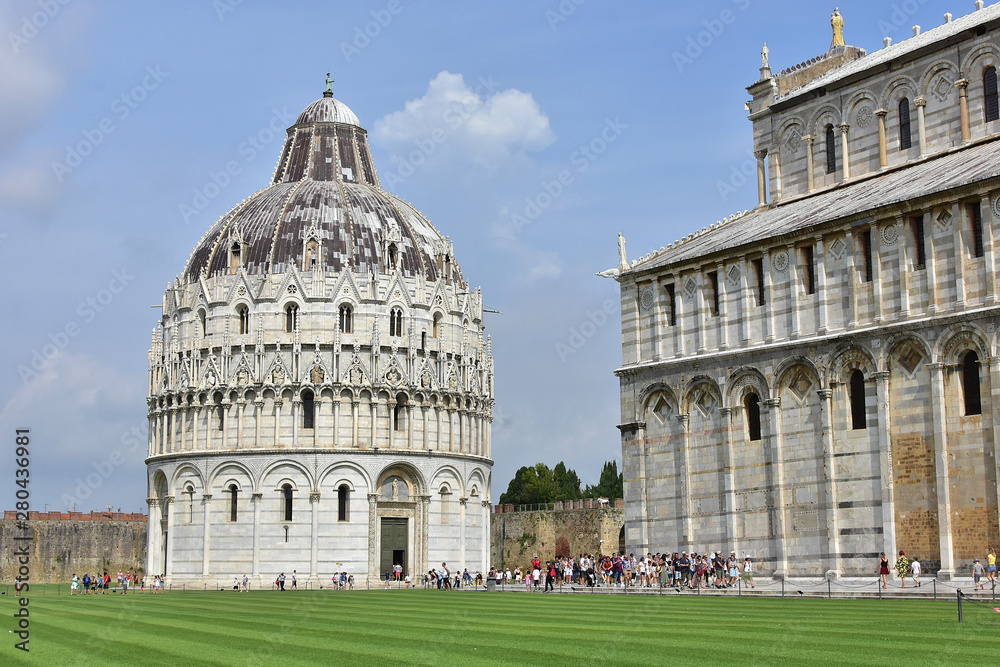 A view of the cathedral and the babtiesterium in the square of wonders in Pisa.