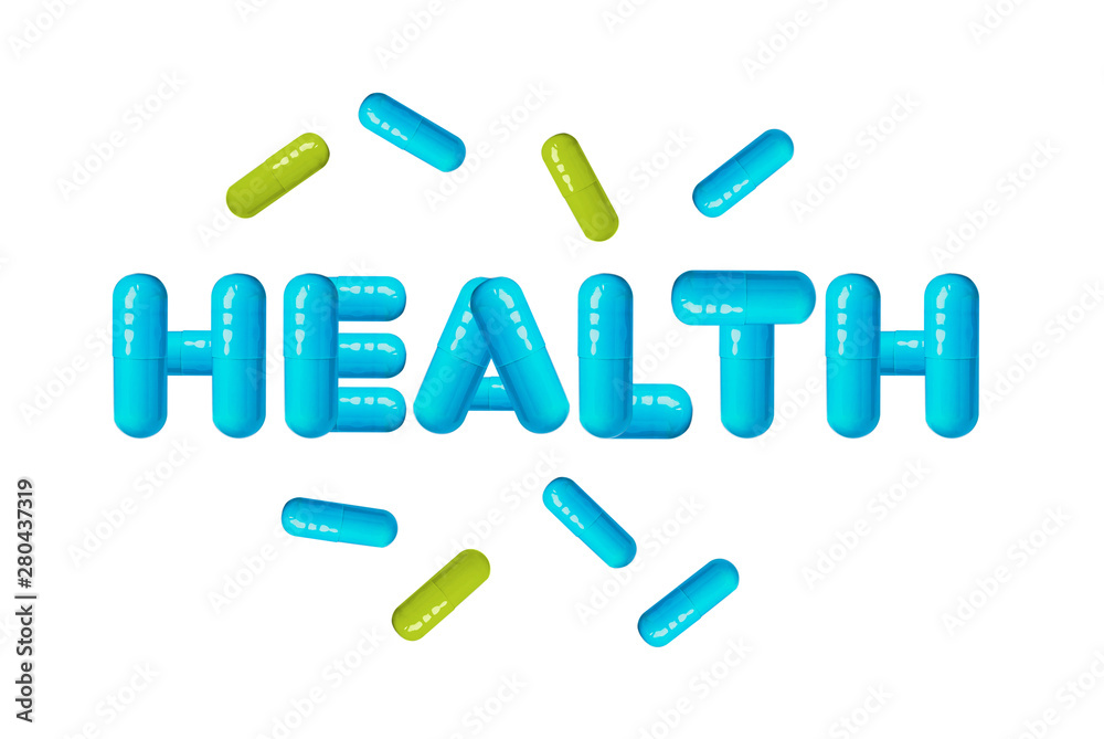 Word health made from blue capsules pills isolated on white background. Health concept Word health made from blue capsules pills isolated on white background. Health concept
