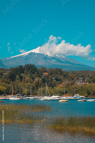 Pucon town in central Chile on a blue skies sunny day photo