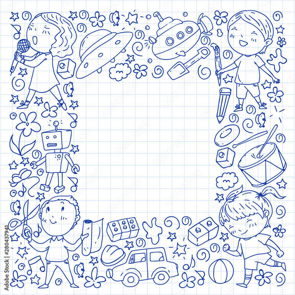 Painted by hand style pattern on the theme of childhood. Vector illustration for children design. Drawing on squared notebook.