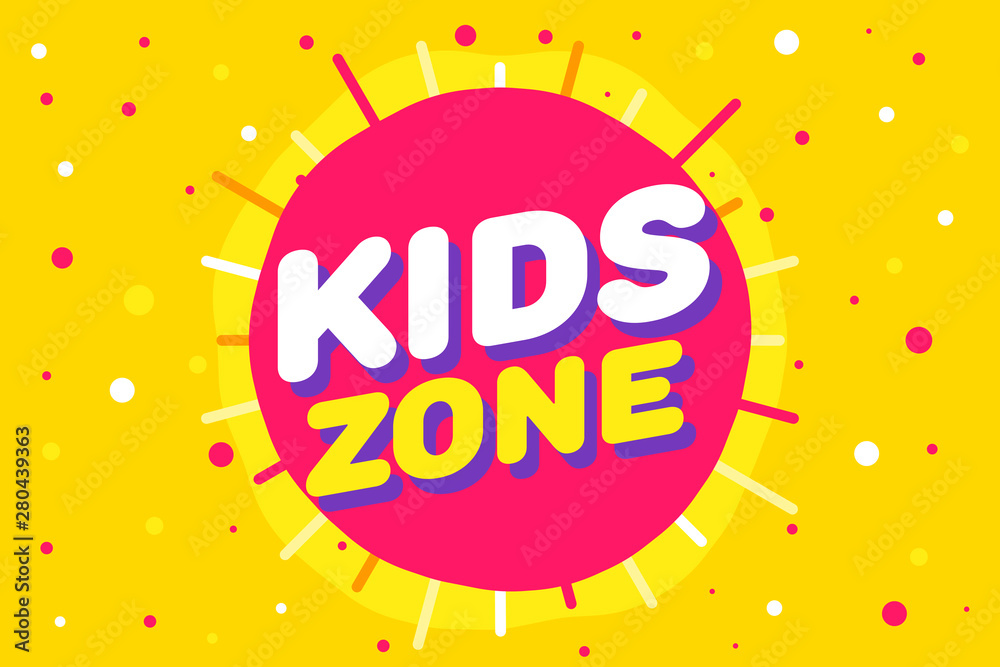 Kids zone letter sign poster vector illustration in yellow sun background