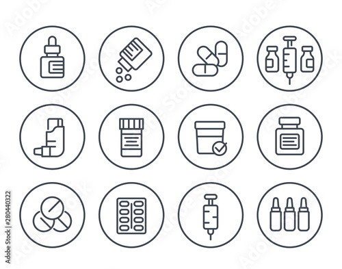 medicaments, drugs, pharmaceutics line icons set