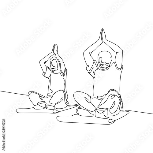 Continuous line drawing of two old person doing yoga for healthy life