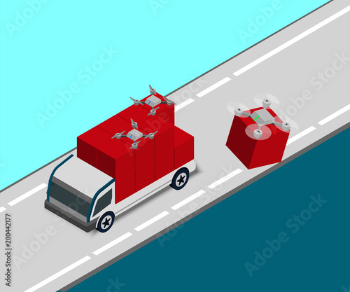 isometric robot drone pick parcel from delivery truck to send to destination, future logistic concept