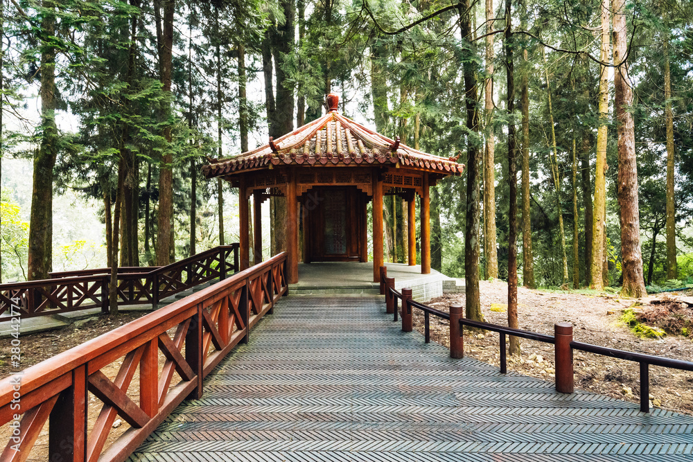 Chinese Gazebo with Japanese Cedar trees in the forest in Alishan National Forest Recreation Area in Chiayi County, Alishan Township, Taiwan. Chinese Gazebo with Japanese Cedar trees in the forest in Alishan National Forest Recreation Area in Chiayi County, Alishan Township, Taiwan.