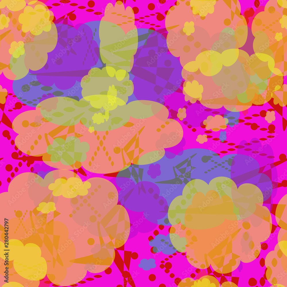 Seamless pattern of multicolored spots, lines and points. Yellow, red, turquoise, lilac abstract elements with translucency and overlapping. Seamless pattern of multicolored spots, lines and points. Yellow, red, turquoise, lilac abstract elements with translucency and overlapping.