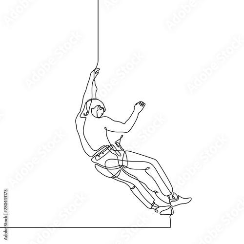 Continuous line drawing of rock climbing sport. Person climb up across wall