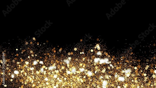 3d Illustration, Small gold dust, graphics of fire flakes, particle points and yellow-orange circles at below the frame