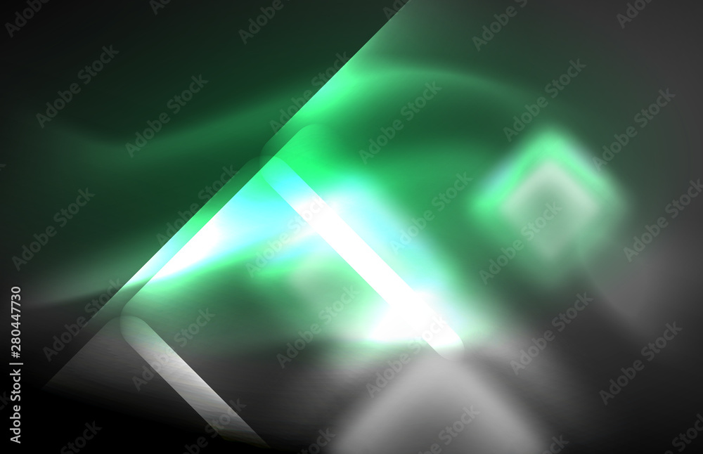 Fototapeta premium Neon square and line lights on dark background with blurred effects