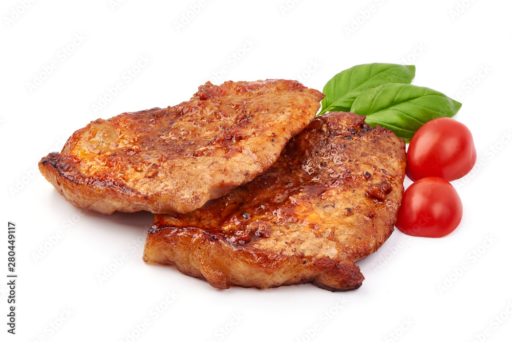 Baked juicy pork steak, isolated on white background Baked juicy pork steak, isolated on white background