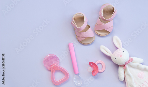 the pink baby shoes, pacifier, teether, food spoon and rabbit toy