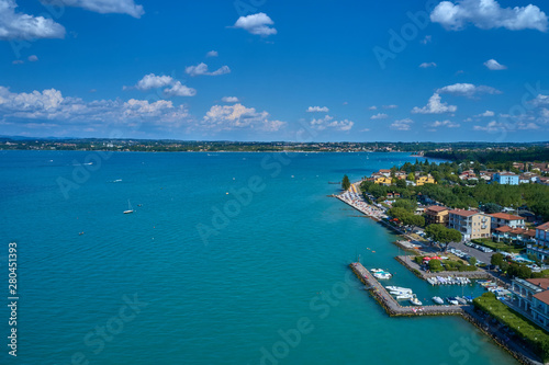 Aerial photography with drone. Beautiful view of the city of Peschiera del Garda, Italy.