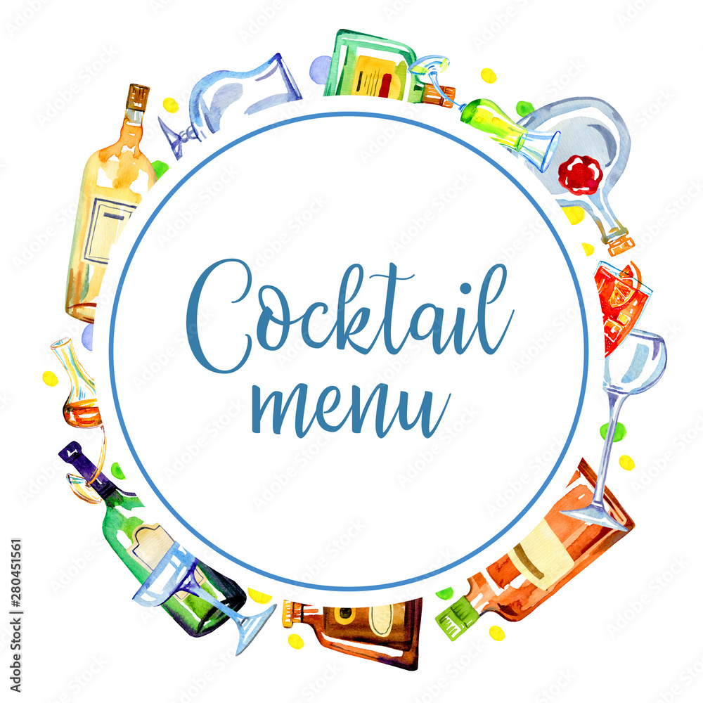 Round frame with color glass alcohol bottles, cocktails and drinking glasses. Menu cover design template Round frame with color glass alcohol bottles, cocktails and drinking glasses. Menu cover design template