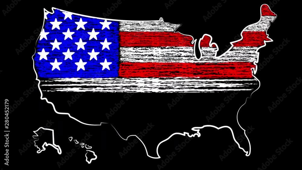 Plano Animation. USA the name of the country. Coloring the map and flag.