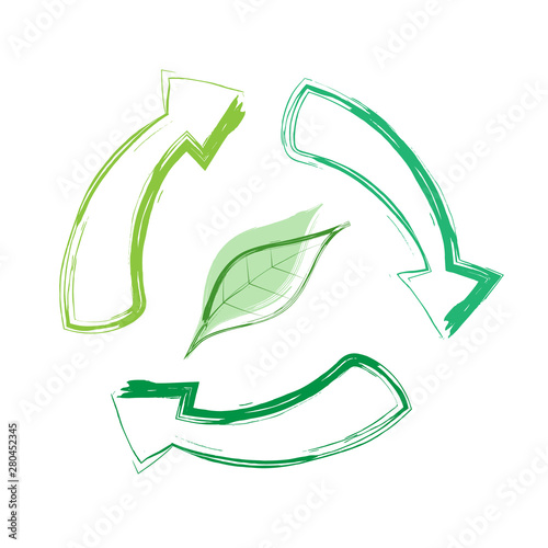 Green recycle arrows symbol with a leaf in the middle. Flat vector icon isolated on a white background