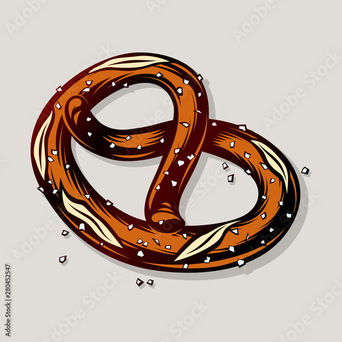 Salty baked pretzel. Bavarian snack at the Oktoberfest beer festival. Traditional German food. Appetizer for ale and lager. Colored vector hand drawn illustration in vintage retro inked engraved style