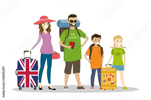 Four People with baggage,family of travelers isolated on white background
