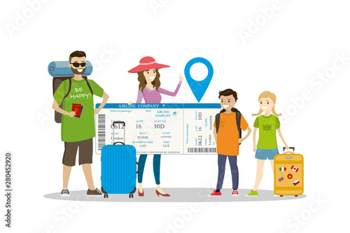 Happy family travellers with baggage and big boarding pass,funny vacation concept,