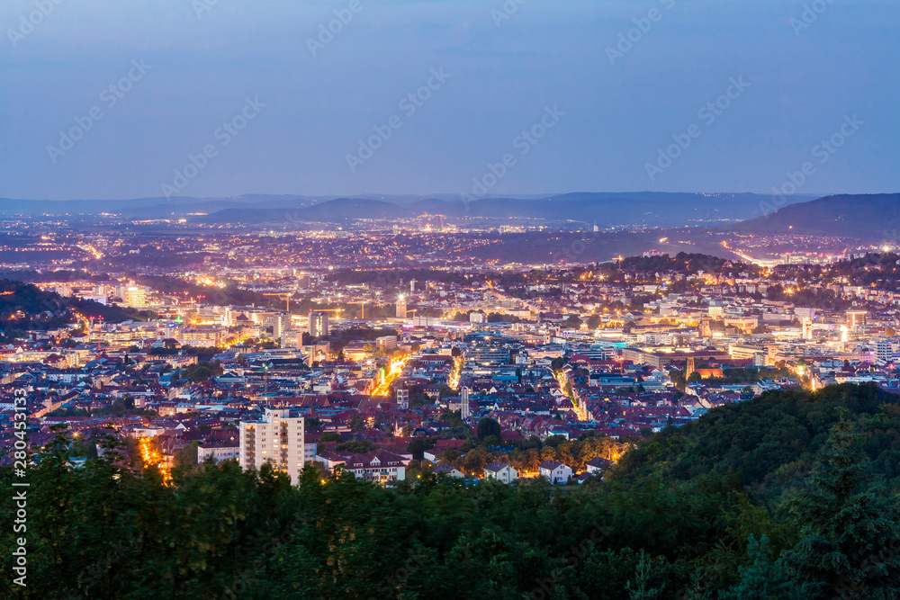 Germany, Baden-Wuerttemberg, Stuttgart, Cityscape with TV Tower in the evening, view from Birke Kopf Germany, Baden-Wuerttemberg, Stuttgart, Cityscape with TV Tower in the evening, view from Birke Kopf