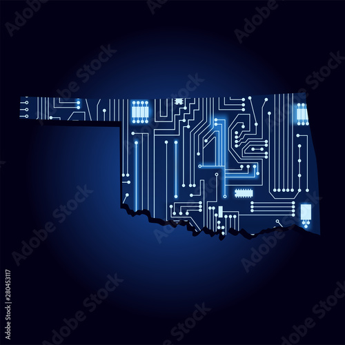Contour map of Oklahoma with a technological electronics circuit. USA state. Blue background.