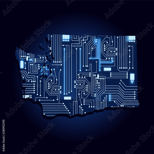 Contour map of Washington with a technological electronics circuit. USA state. Blue background.