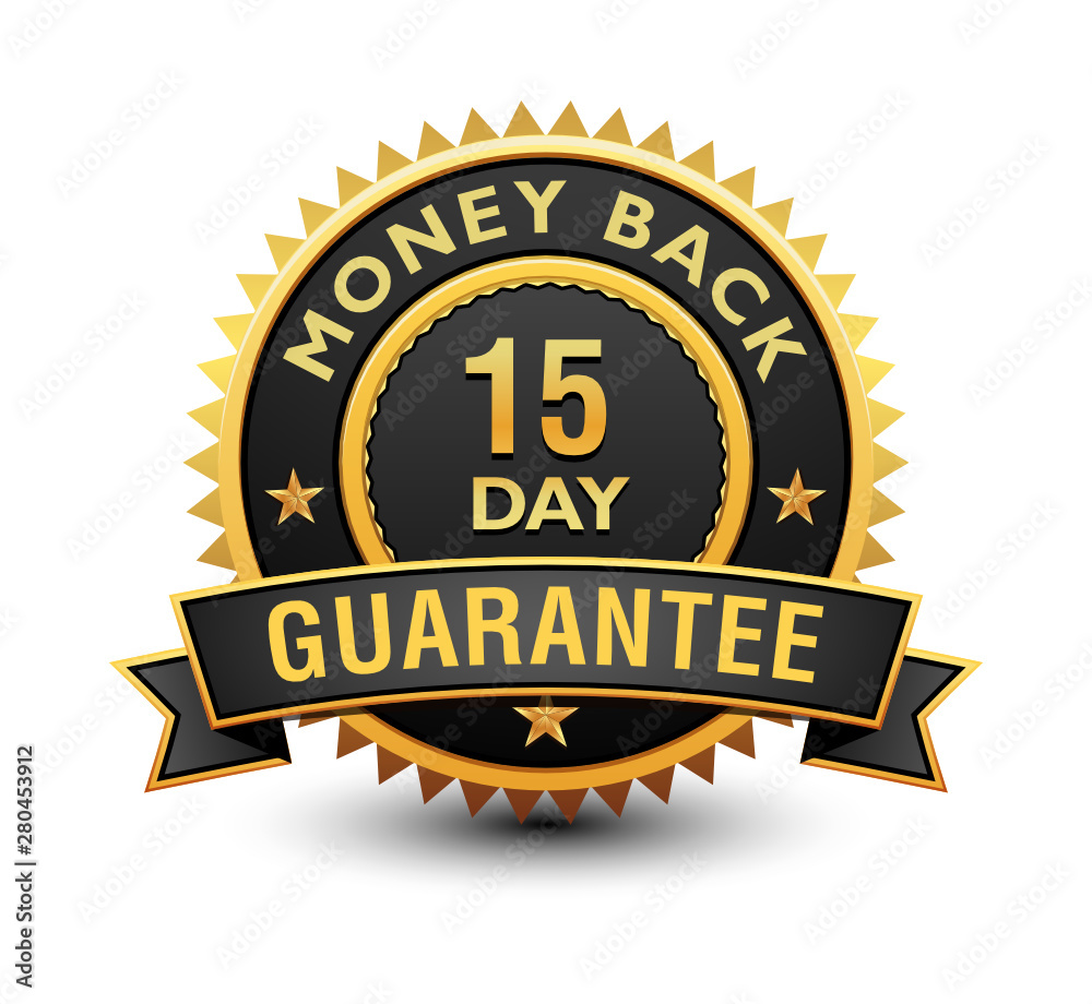 Heavy powerful 15 day money back guarantee badge, seal, stamp, label with ribbon isolated on white background. Heavy powerful 15 day money back guarantee badge, seal, stamp, label with ribbon isolated on white background.