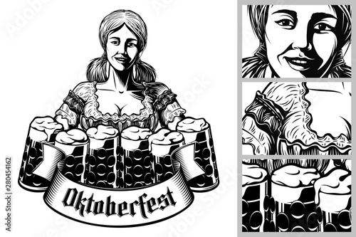 Vector Bavarian Oktoberfest Girl Waitress Foam Lager Beer Glass Engraving