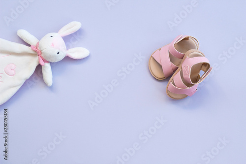 the pink baby shoes and rabbit toy