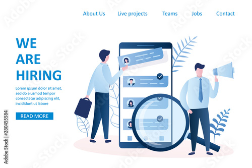 Two business people,big smartphone with head hunter application and big magnifying glass,businessmen hiring