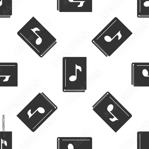Grey Audio book icon isolated seamless pattern on white background. Musical note with book. Audio guide sign. Online learning concept. Vector Illustration