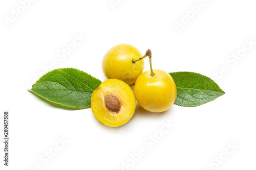 Tableau sur toile Yellow plum mirabelle fruit isolated on white background