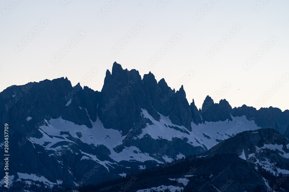 Sunset on the Minarets, as seen from the Mineret Vista overlook point in Mammoth Lakes California in the Eastern Sierra Nevada mountains