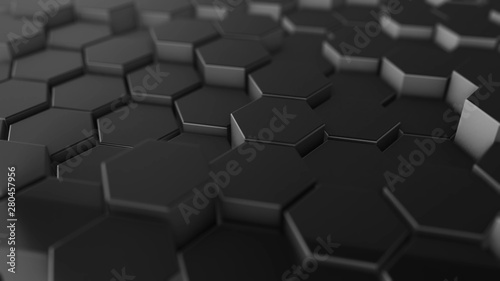 Abstract dark hexagon geometry background. 3d illustration of simple primitives with six angles in front