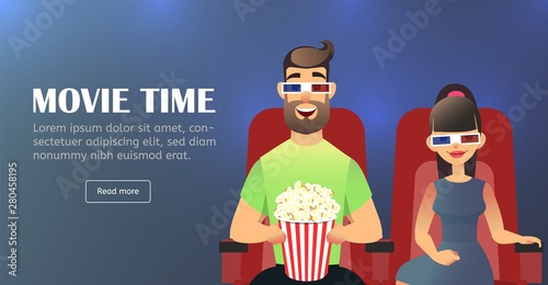 Movie time landing page. Vector cinema template. Happy family couple. Flat banner. 3D stereo glasses