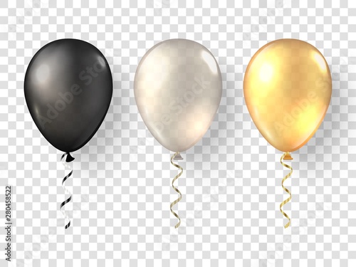 Black, white gold realistic balloons. Glossy 3D golden baloon set on transparent background. Festive 3d helium ballons isolated.