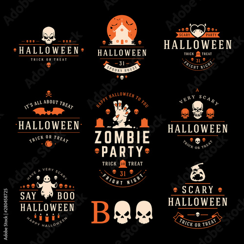 Halloween labels and logos with creepy and spooky symbols design elements collection vector illustration.