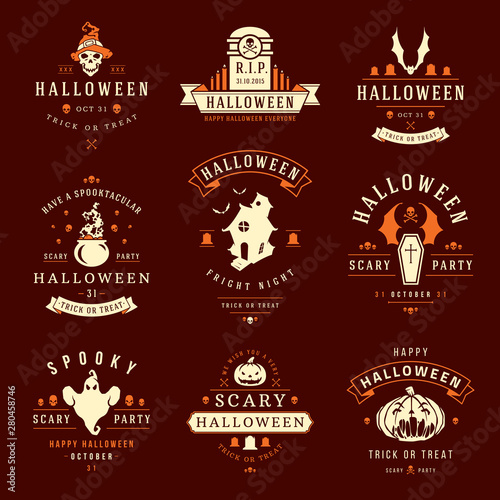 Halloween labels and logos with creepy and spooky symbols design elements collection vector illustration.