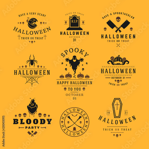 Halloween labels and logos with creepy and spooky symbols design elements collection vector illustration.