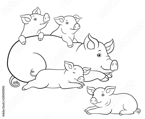 Coloring pages. Mother pig lays with her little cute piglets.