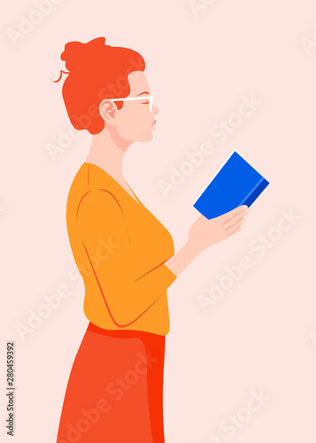 A woman stands in profile and holds a book in her hands. Red-haired girl in glasses reading a book. Vector flat illustration