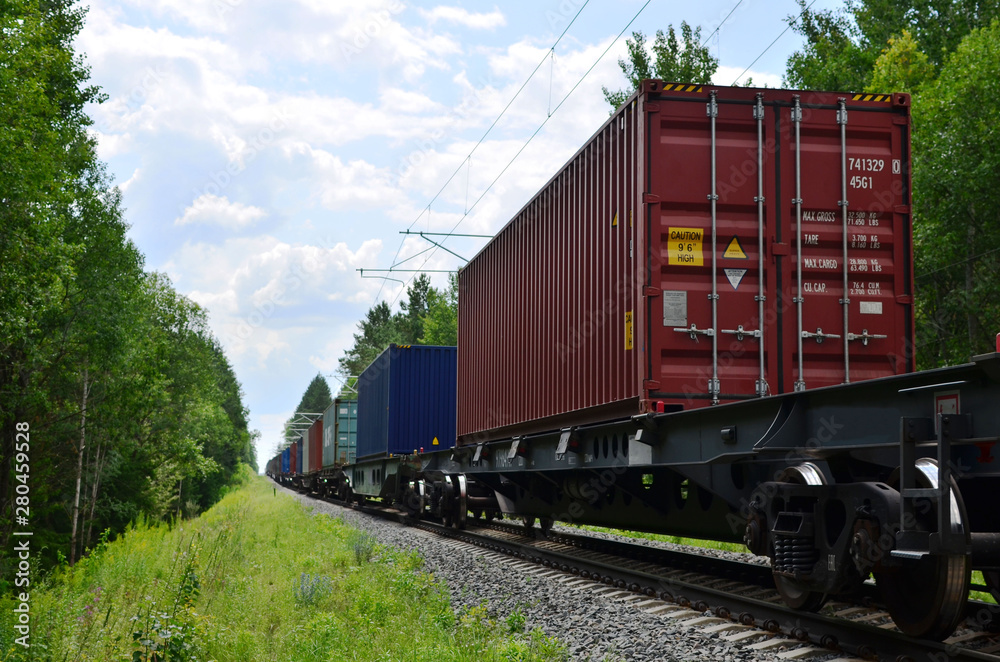 Freight train, transportation of railway cars by cargo containers shipping. Railway logistics concept - Image