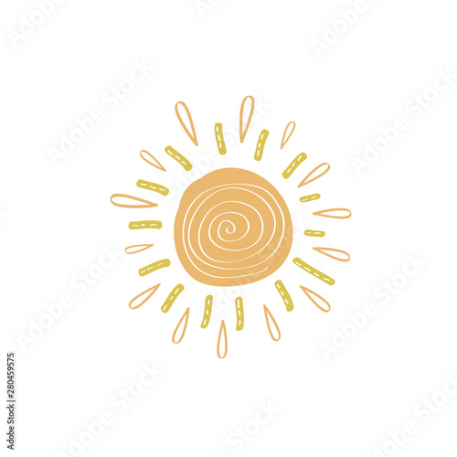 Illustration of yellow sun in the style of a doodle. Vector flat illustration