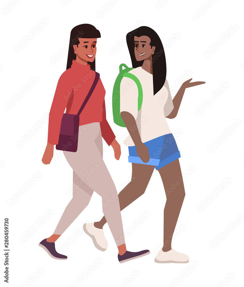 schoolgirls talking flat vector illustration. Multiracial high school children walking isolated cartoon characters on white background. Teenage multicultural dark skinned girls communicating schoolgirls talking flat vector illustration. Multiracial high school children walking isolated cartoon characters on white background. Teenage multicultural dark skinned girls communicating
