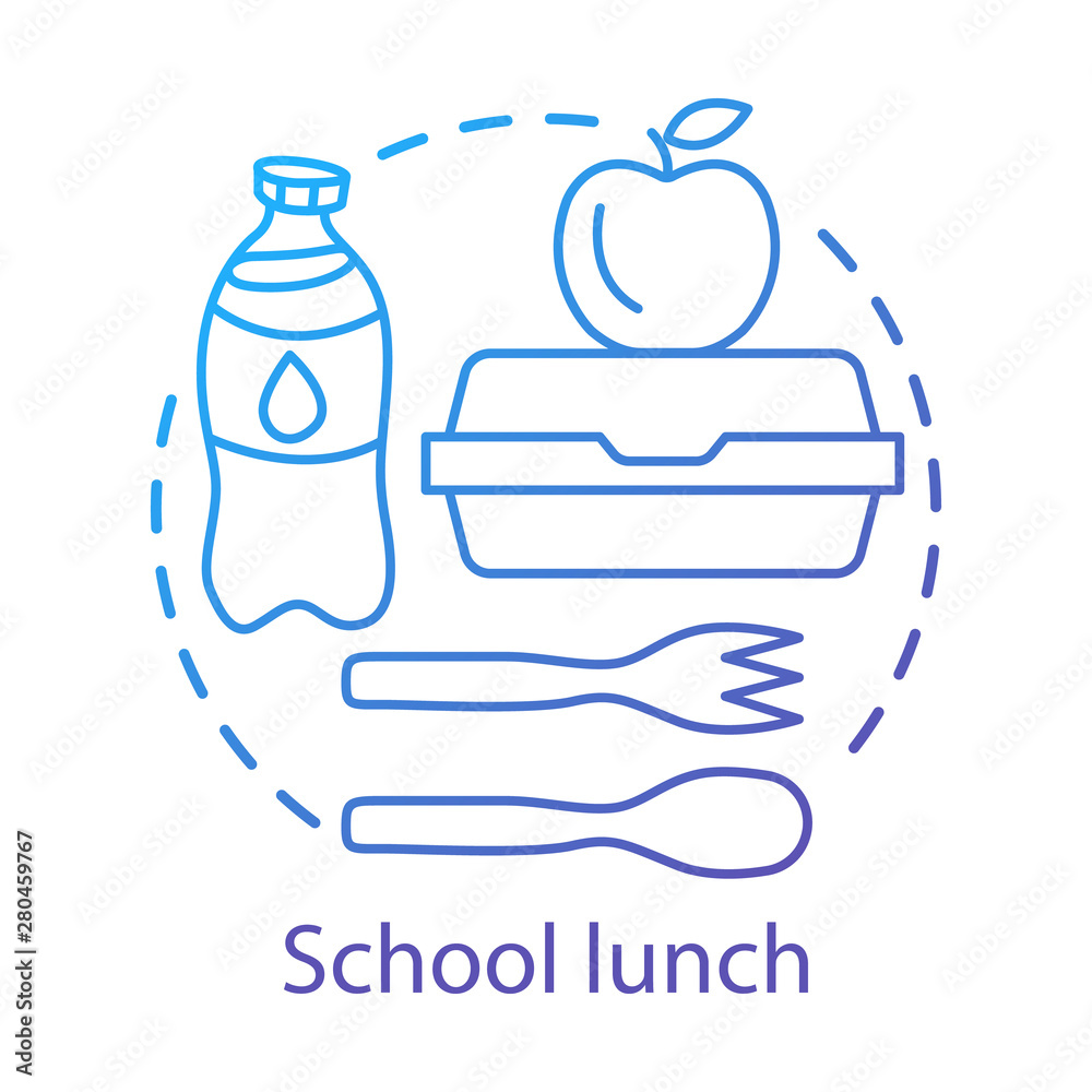 School meal break, lunchtime concept icon. Catering advertising idea thin line illustration. Milk bottle, lunch box, apple, and plastic cutlery vector isolated outline drawing. Canteen nutrition School meal break, lunchtime concept icon. Catering advertising idea thin line illustration. Milk bottle, lunch box, apple, and plastic cutlery vector isolated outline drawing. Canteen nutrition