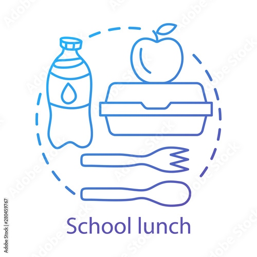 School meal break, lunchtime concept icon. Catering advertising idea thin line illustration. Milk bottle, lunch box, apple, and plastic cutlery vector isolated outline drawing. Canteen nutrition