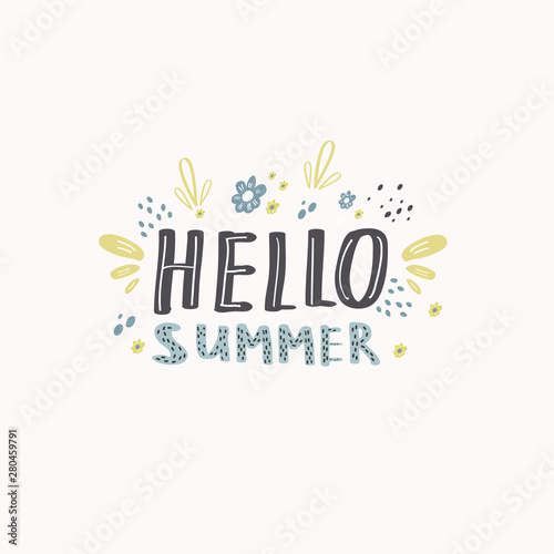 Lettering in the style of doodle on white background. Inscription Hello summer. Vector flat design