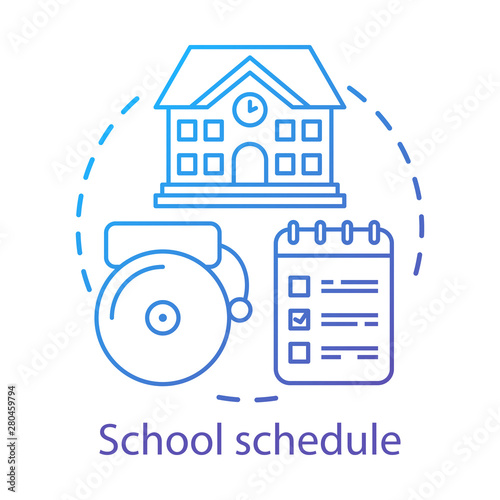 School timetable, schedule concept icon. Educational process organization idea thin line illustration. Schoolhouse, bell and notepad with notes vector isolated outline drawing. Student time management