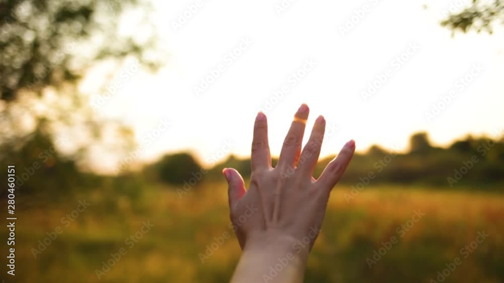 Closeup view of female hand isolated on sunny sunset golden sky and meadow background. Woman enjoying soft evening sun light outside. Sunrays sparkling between among fingers of person. Closeup view of female hand isolated on sunny sunset golden sky and meadow background. Woman enjoying soft evening sun light outside. Sunrays sparkling between among fingers of person.
