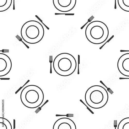 Grey Plate, fork and knife icon isolated seamless pattern on white background. Cutlery symbol. Restaurant sign. Vector Illustration